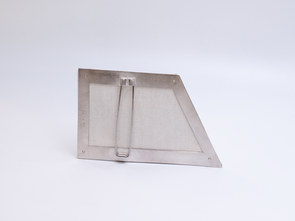 Back of an irregular angular brooch with a silver frame and canvas in colourful fine stripes, it looks like a framed picture