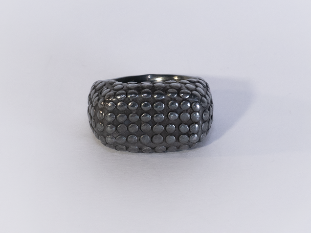 Black wide heavy silver ring with polished flat nubs surface