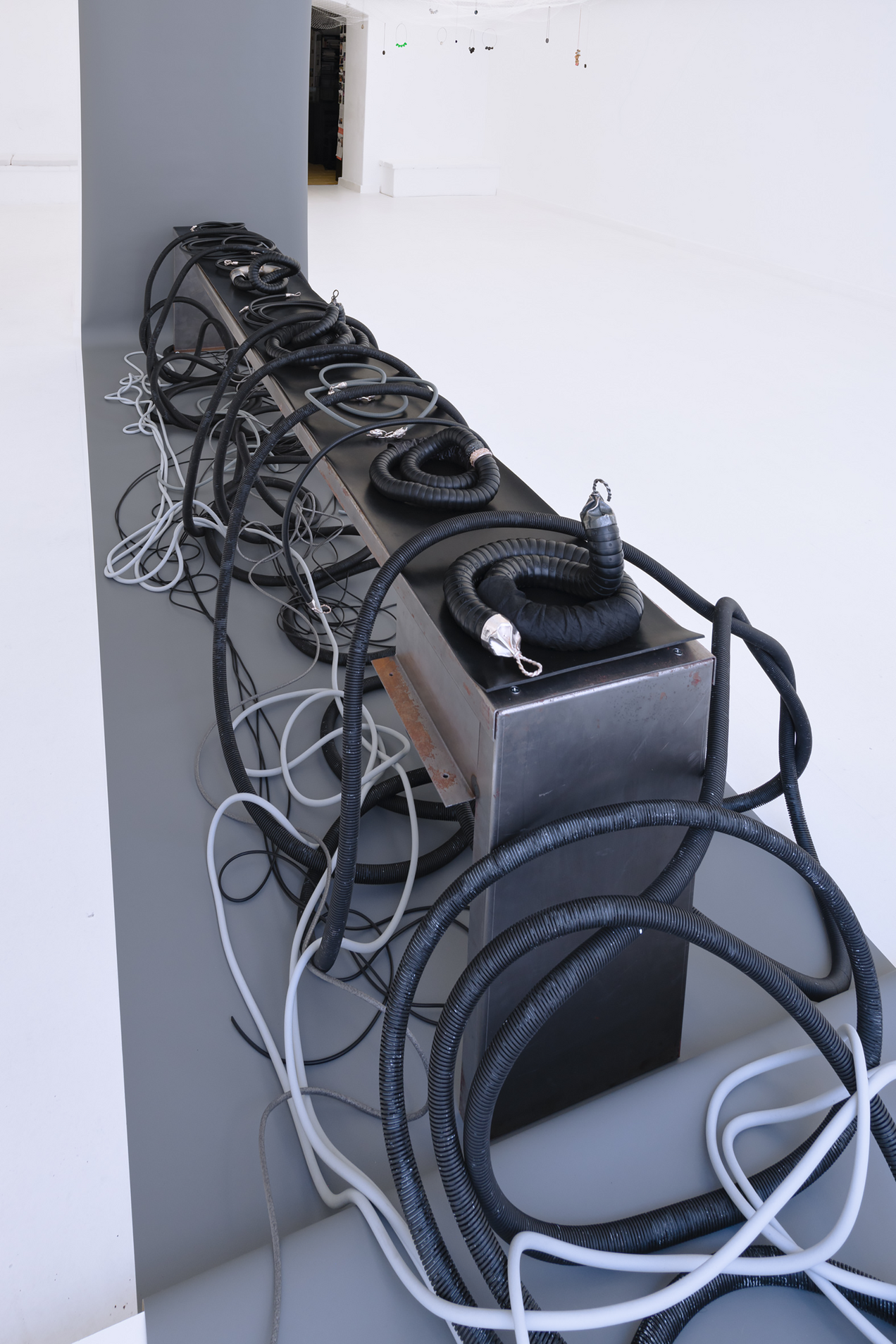 In the exhibition Mulberry Tubes, jewellery artist Michaela Rapp presents works from the two collections BRAZIL and IMAGO, additionally, jewellery pieces created in collaboration with visual artist friends. The installation of havy and small black and grey tube-necklaces is lying on a low bench standing on grey paper that is placed on the wall and the floor.