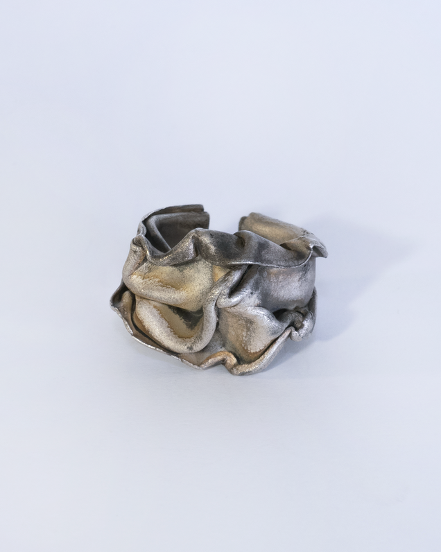 "Havy Foil" Curved open silver ring with brownish patina that looks like a thick crushed foil