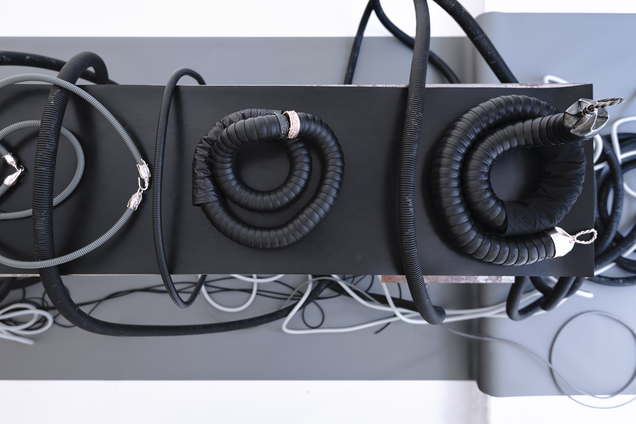 In the exhibition Mulberry Tubes, jewellery artist Michaela Rapp presents works from the two collections BRAZIL and IMAGO, additionally, jewellery pieces created in collaboration with visual artist friends. The installation of havy and small black and grey tube-necklaces is lying on a low bench standing on grey paper that is placed on the wall and the floor.